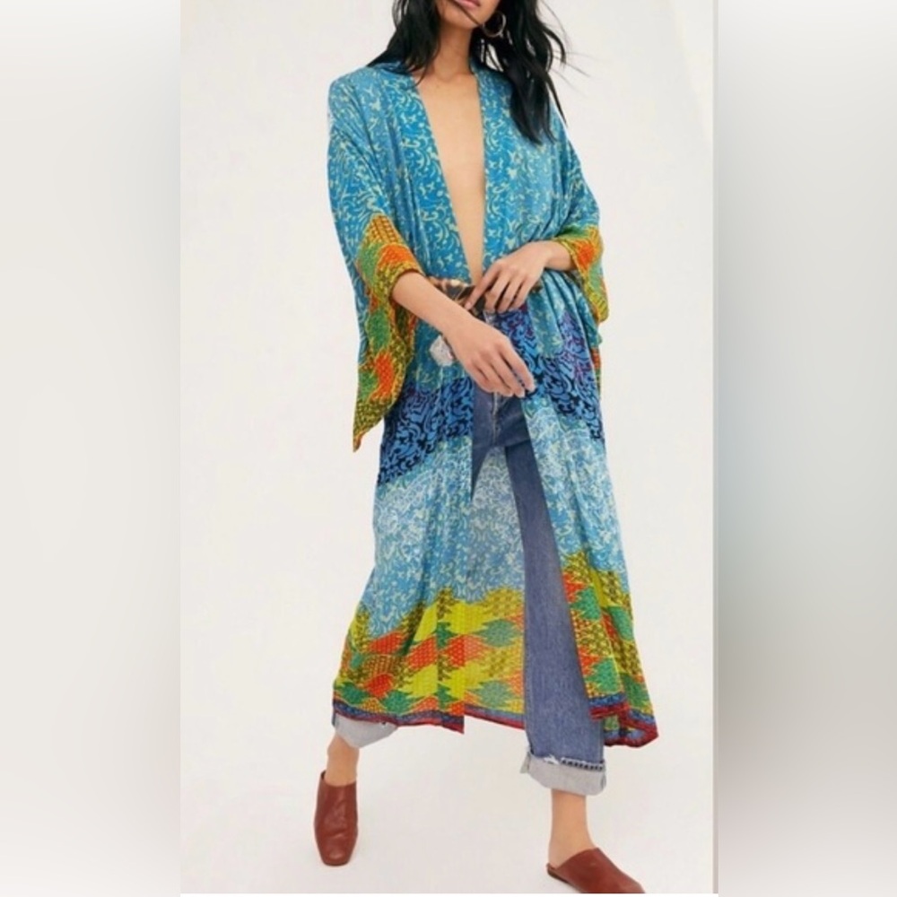 Free People Blue and Yellow Patterned Kimono